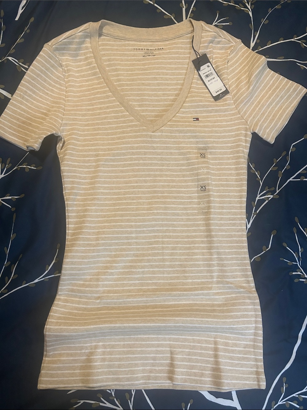 Tommy Hilfiger Beige & White Striped V-Neck Short Sleeve Tee